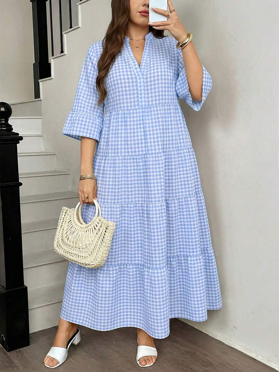 SHEIN LUNE Plus Size Notched Neck 3/4 Sleeve Ruffle Hem Plaid Summer Dress - Multicolor - View 1