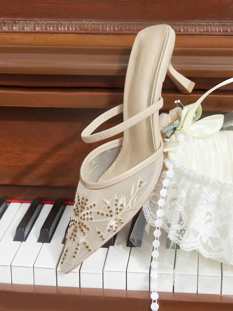 CUCCOO HITCHD Pointed Breathable Mesh Rhinestone Hollow Fashion Embroidery Temperament Versatile Sexy Fairy Banquet Apricot High Heels