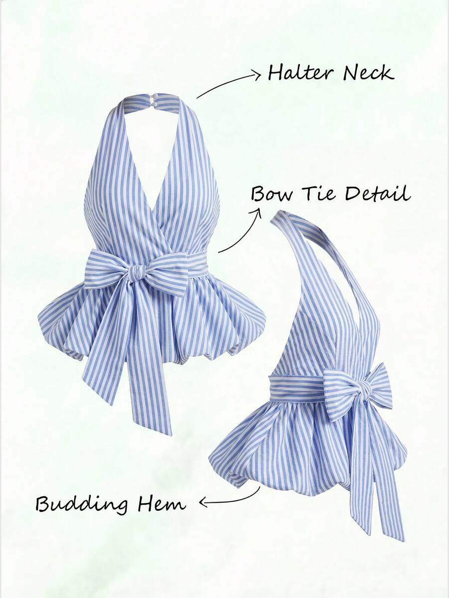 GlowEve Áo croptop thắt nơ kẻ sọc, áo kiểu hè thường ngày, trang phục đi nghỉ mát, trang phục dã ngoại, áo dự tiệc brunch, váy dự tiệc, phong cách Y2K, áo quây, trang phục câu lạc bộ dành cho nữ, áo trễ vai, trang phục dự đám cưới, áo dễ thương, áo trễ vai, cô gái đi nghỉ mát, cô gái Boho, lễ hội âm nhạc, lễ hội hóa trang, trang phục dự tiệc brunch, kỳ nghỉ biển, mùa hè châu Âu, áo hè đáng yêu - Xanh và trắng - Xem 1