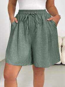 SHEIN Essnce 大码女装春夏时尚休闲宽松舒适基础款日常百搭修身弹力腰卡其色短裤，简约风格，外出服，宽松裤，欧洲夏季，女士机场穿搭，波西米亚风，度假服，曲线短裤，复古富贵风，舒适短裤，飘逸短裤，百慕大短裤 - 綠色 - 查看 7
