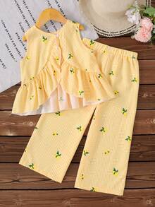 Emery Rose Kids Emery Rose Kids Bộ áo hai dây và quần họa tiết chanh kẻ caro cho bé gái - Màu vàng - Xem 3