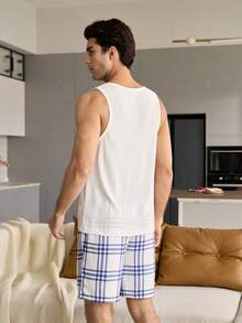 CoupledUp 男士罗纹背心和格子裤睡衣套装，简约纹理设计 - 白色 - 查看 5