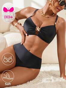 Swim DD+ Women's Solid Color Metal Decor Spaghetti Strap Bikini Set Holiday Beach Swimming Vacation White Summer Tropical Elegant Sexy - Black - View 3