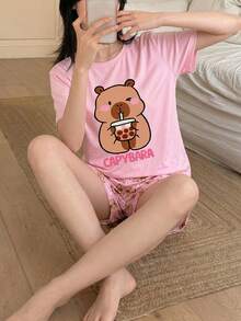 可爱卡通水豚喝珍珠奶茶印花针织面料舒适柔软甜美可爱圆领短袖短裤宽松两件套睡衣套装，适合少女穿着 - 彩色 - 查看 4