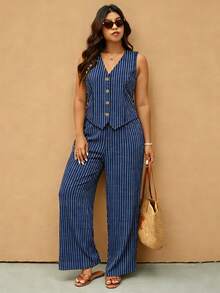 SHEIN Elaquor Conjunto de 2 piezas de camiseta sin mangas con botones delanteros a rayas y pantalones para talla grande, ideal para el verano - Multicolor - Ver 6