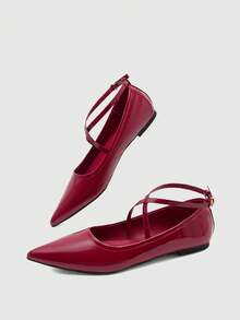 CUCCOO BIZCHIC Cross Strap Flat Bottom Fashion Pointed Toe Low Vamp Women's Shoes - Burgundy - View 6