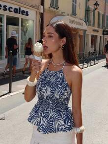 SHEIN Frenchy Women's Vacation Casual Plant Print Halter Neck Top,Summer Top,Women's Summer Casual Halter Neck Tropical Print Smocked Peplum Top Sleeveless Vacation Blouse,Boho Tropical Leaf Print Halter Peplum Top For Women Summer Beach Vacation Smocked Sleeveless Shirts,Elegant Women's Blue And White Print Smocked Waist Peplum Blouse Halter Neck Summer Party Tops, Greece Vacation Outfits Women, Vacation Cruise Travel Beach, Brunch Outfits For Women, Women's Beach Outfits, Daily Wear Casual, Holiday Outfits For Women ,Summer Holiday Outfits ,Casual Suit, Suitable For Everyday Wear. - Blue and White - View 7