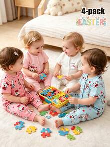 4-Piece Baby Cute Short Sleeve Jumpsuits For Summer,Pink Blue White Rabbit Bear Heart Print Sleepwear Jumpsuits For Family Matching Toddler - Multicolor - View 3