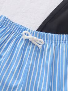 2pcs Young Boy Fashionable Striped + Solid Color Drawstring Elastic Waist Sports Shorts Set, Suitable For Casual Daily Wear, Spring/Summer Outings, Park, Beach, Vacation, Party, Back To School - Multicolor - View 6