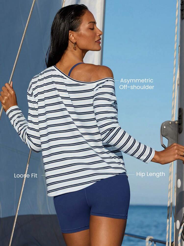 Seas The Day Relaxed Fit Hip Length Shell Logo Asymmetric Off-Shoulder Boatneck Long-Sleeve Top Holiday Vacation Summer Daily Casual Wear