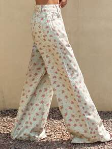 Livesso 女士碎花阔腿宽松休闲牛仔裤 - 白色 - 查看 6