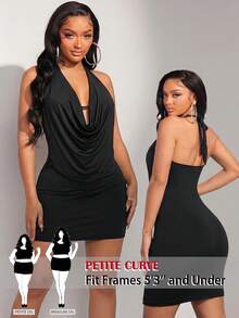 SHEIN PETITE CURVE Plus Size Women's Backless Draped Dress,Brown,Summer,70's,Night Out Club Gym,Party,Elegant Festival Beach Outfit,Graduation,Commuting,Street Style - Black - View 1