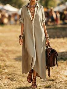 Women's Contrast Trim Front Button Casual Dress - Multicolor - View 5