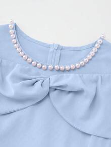 GlowEve 女士珍珠装饰圆领收腰A字露肩优雅日常度假通勤时尚情人节约会法式街头复古百搭派对浅粉色早春/秋季短袖中长连衣裙 - 淺藍色 - 查看 9