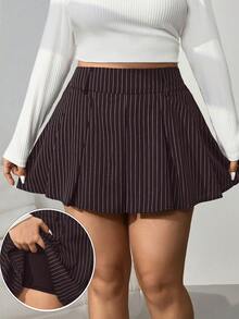 SHEIN EZwear 加大码黑白条纹迷你百褶裙，休闲百搭，适合返校季穿着 - 彩色 - 查看 3