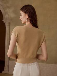 MOTF PREMIUM FAUX PEARL DETAIL ROUND NECK KNIT TOP - Camel - View 4