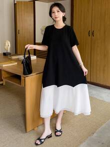 SHEIN 青少年女孩寬鬆休閒圓領短袖A字拼接雙層雪紡撞色黑白夏季派對洋裝 - 黑色 - 查看 6