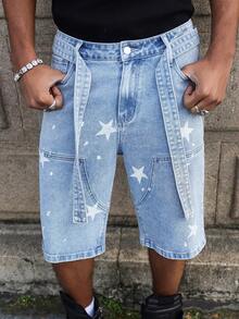 Manfinity EMRG Quần short denim nam màu xanh dương, kiểu dáng thường ngày, in họa tiết và có miếng vá. - Rửa nhẹ - Xem 8