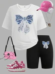 2 pièces/Set T-shirt à manches courtes à col rond avec imprimé nœud papillon et short skinny tricoté pour adolescentes. Tenue décontractée et minimaliste pour le printemps et l'été - Blanc - Voir 1