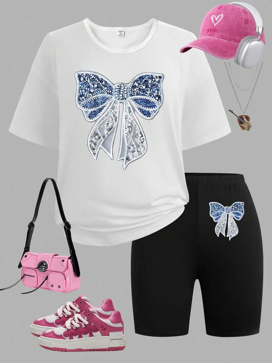 2 pièces/Set T-shirt à manches courtes à col rond avec imprimé nœud papillon et short skinny tricoté pour adolescentes. Tenue décontractée et minimaliste pour le printemps et l'été - Blanc - Voir 1