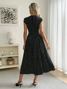 Easowa Đầm nữ chấm bi cổ tròn tay ngắn thanh lịch dài ngang gối - màu đen - Xem 4