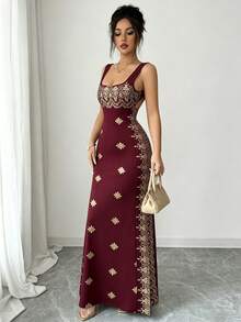 SHEIN Raffinéa 女士亮金色黑色夏季新款连衣裙，方领细肩带迷人露背开衩修身高腰连衣裙，适合派对、婚礼、商务宴会、日常活动、盛会、婚宴、节日装扮等场合。 - 紅色 - 查看 6