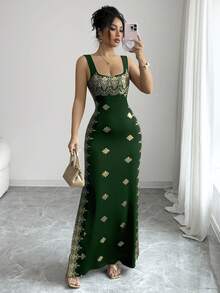 SHEIN Raffinéa 女士亮金色黑色夏季新款连衣裙，方领吊带露背开衩修身高腰连衣裙，适合派对、婚礼、商务宴会、日常场合、盛会、婚宴、节日装扮等。 - 墨綠色 - 查看 6