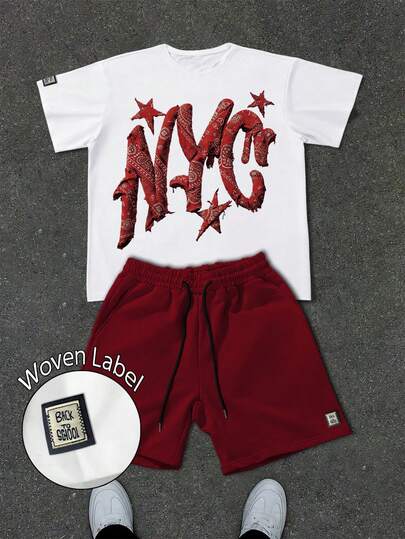 Manfinity EMRG Men's Short Sleeve T-Shirt Set, White & Red Contrast Color Set, NYC And Star Cashew Floral Texture Letter Print, Retro New York, Streetwear Style, Daily Wear, Summer