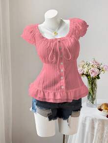 Sweetra Cute Casual Puff Sleeve Cinched Waist Button-Front Short Sleeve Summer Shirt - Pink - View 5