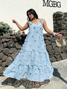Sunnyshic Plus Size Square Neck Spaghetti Strap A-Line Dress, Vacation Style - Baby Blue - View 3