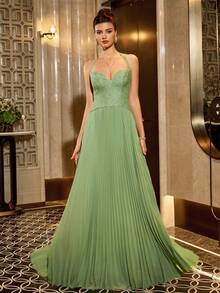 Poshira Women's Strapless Tie Ruched Hem Maxi Formal Dress - Green - View 5