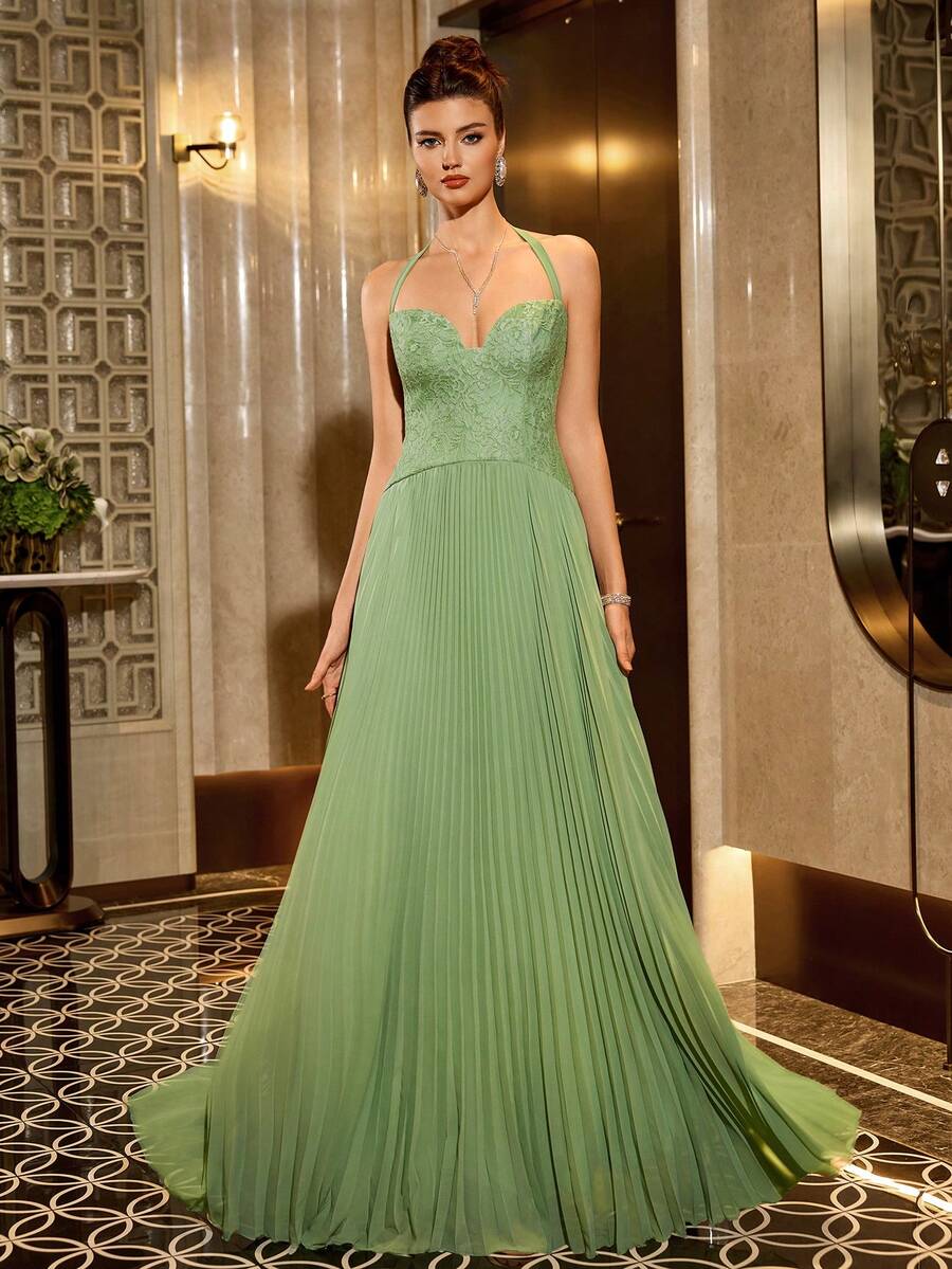 Poshira Women's Strapless Tie Ruched Hem Maxi Formal Dress - Green - View 1