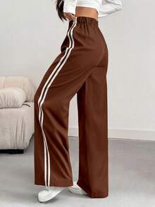 Quần Palazzo nữ kiểu dáng thường ngày, phối màu tương phản ở hai bên, thích hợp cho mùa xuân/hè. - màu nâu - Xem 2