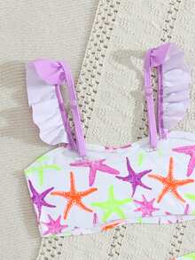 Young Girls Printed Swimwear, Ruffled Trim, 3 Pieces Set - Purple - View 5