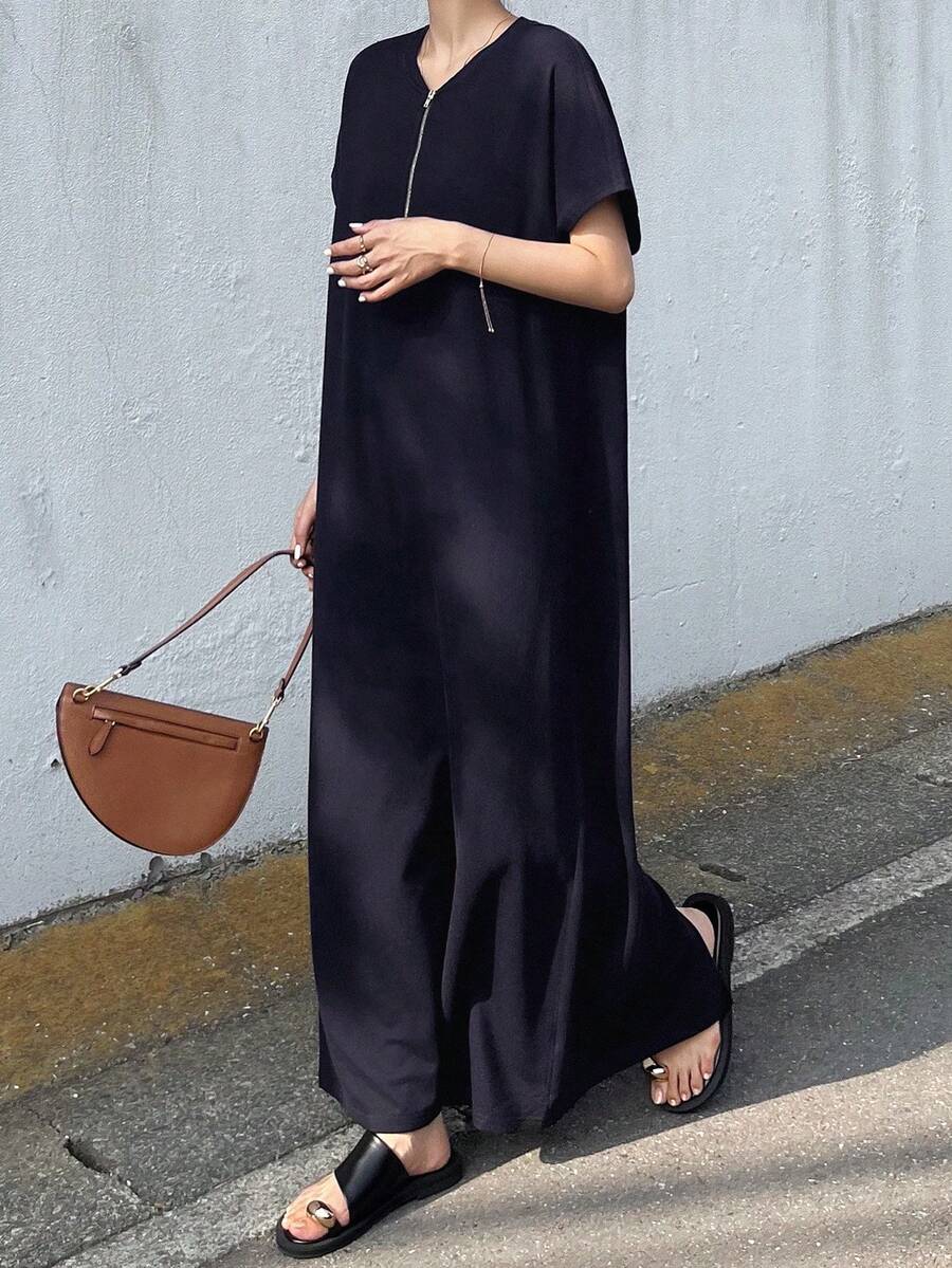 Women's Metal Zipper Casual Solid Color Loose Summer Short Sleeve Dress, Vacation & Graduation Outfit - Navy Blue - View 1