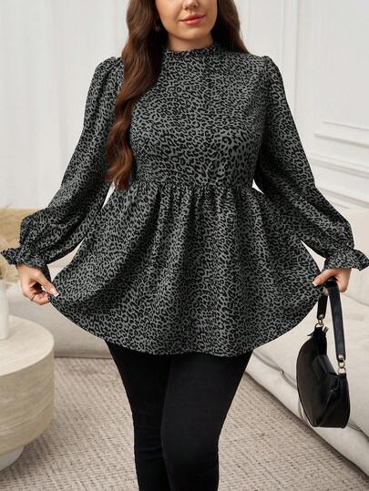 SHEIN LUNE Áo thun dài tay cỡ lớn in họa tiết da báo