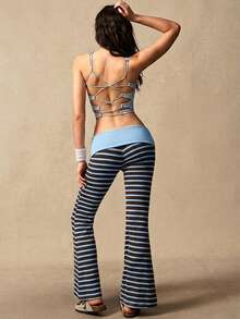 VARSIVA 女士休闲条纹喇叭裤，腰部可翻折，打底裤 - 藍色 - 查看 7