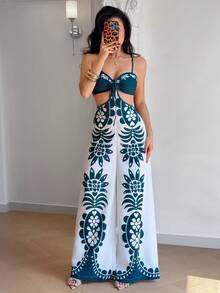Eryvara 女士印花性感露背吊带系带镂空阔腿连体裤 - 彩色 - 查看 5
