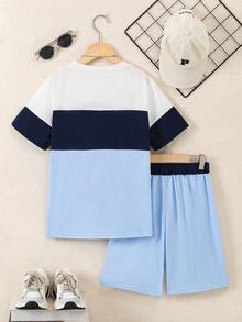 Vacaura 2pcs/Set Boys' Casual Colorblock Round Neck T-Shirt Set, Comfortable And Fashionable For Daily, School, And Sports Wear - Baby Blue - View 2
