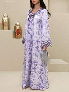 Al Najma 女士花卉图案V领长袖优雅阿拉伯连衣裙 - 紫色 - 查看 6