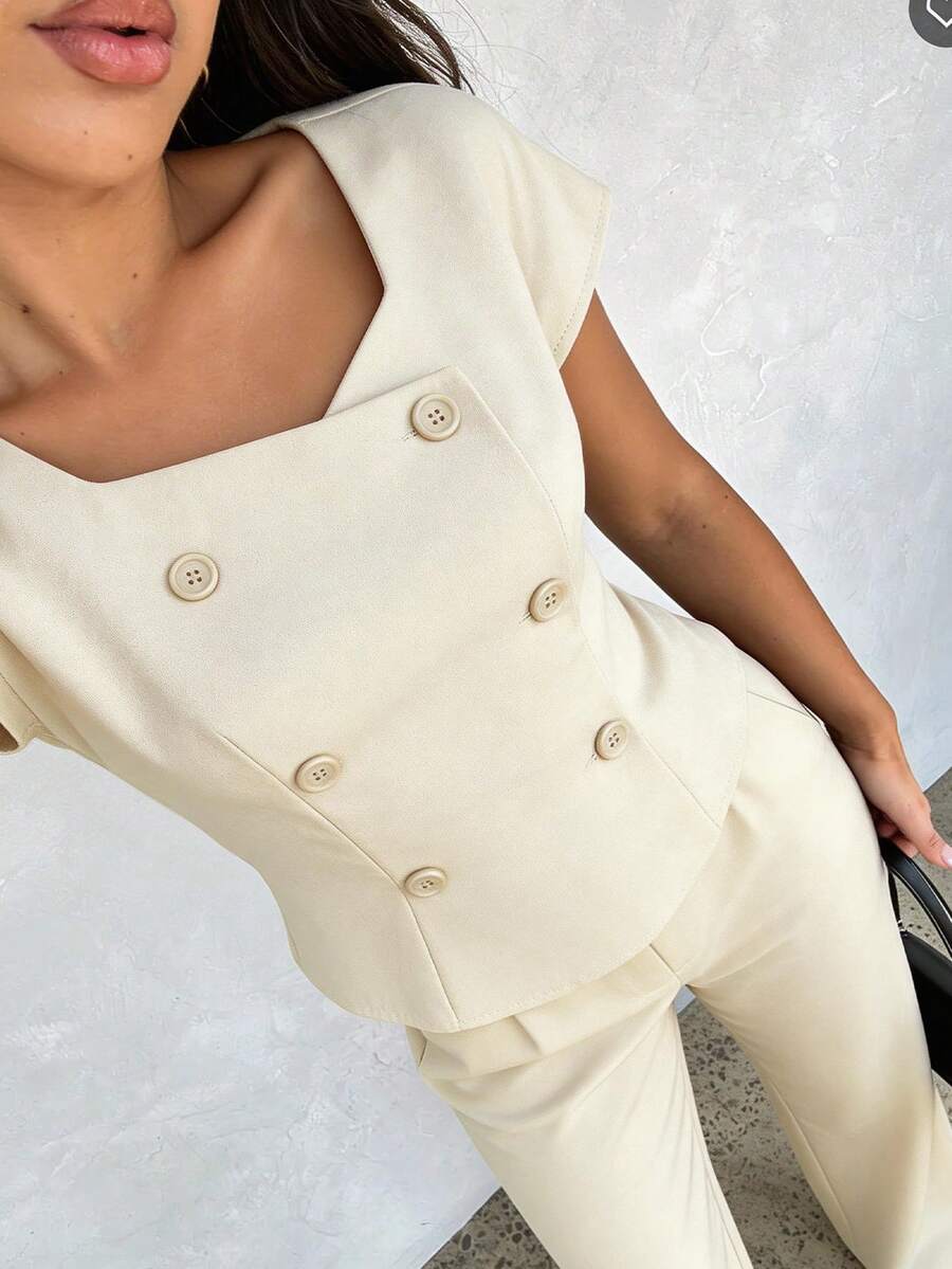 Firerie Conjunto de 2 piezas de moda elegante y minimalista para ir al trabajo: Camisa de manga corta con hombros descubiertos y doble botonadura, y pantalones de cintura alta y pierna ancha, color albaricoque, para primavera/verano