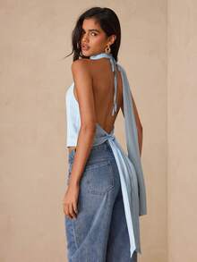 Glamine Áo kiểu nữ thanh lịch cổ yếm, không tay, hở lưng, buộc dây, với chi tiết khăn choàng dài thướt tha, chất liệu chiffon mỏng nhẹ, thích hợp cho các buổi tiệc tối, màu xanh nhạt. - Màu xanh lam - Xem 7