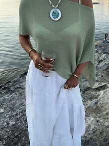 Breezaya Plus Size Women's Spring/Summer Casual Wear: Minimalist Vacation Style - Gray-Green Off-Shoulder Cape-Style Loose Fit Top, Perfect For Spring And Summer - Green - View 1