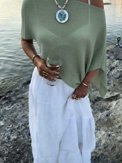 Breezaya Plus-Size Women's Spring/Summer Casual Wear: Simple Resort Style-Gray-Green Off-The-Shoulder Cape-Style Loose-Fit Plus-Size Top, Perfect For Spring And Summer
