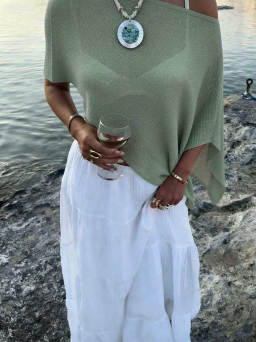 Breezaya Plus Size Women's Spring/Summer Casual Wear: Minimalist Vacation Style - Gray-Green Off-Shoulder Cape-Style Loose Fit Top, Perfect For Spring And Summer - Green - View 1
