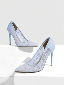 CUCCOO SZL Sexy And Stylish Pointed Clear Lace Heels For Parties, Date Nights, Spring Casual Looks And Christmas Eve Looks - Light blue flat net - View 6
