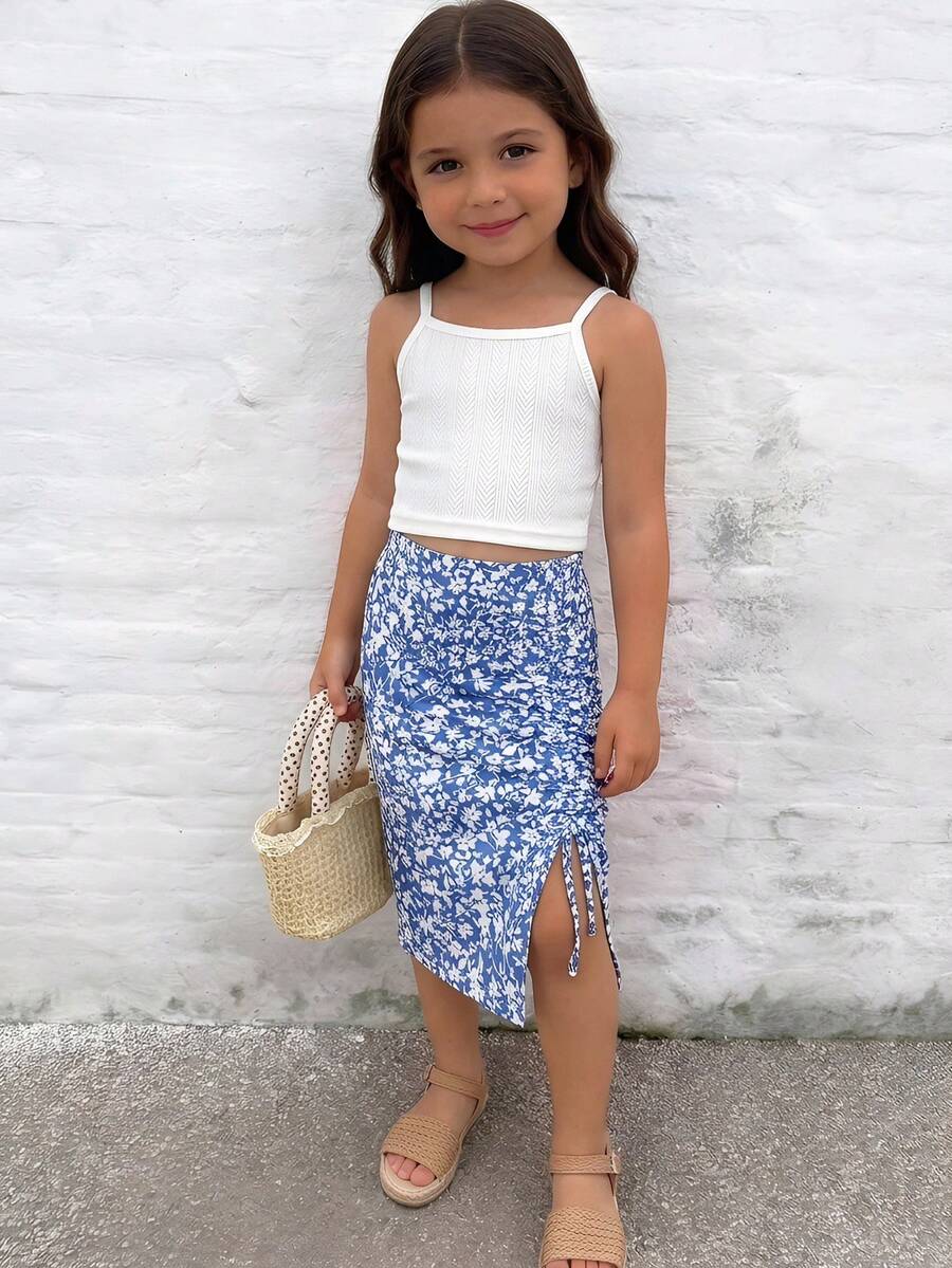 Emery Rose Kids Emery Rose Kids 2pcs/Set Young Girl Sleeveless Solid Knitted Top & Ditsy Floral Flared Mini Skirt Suit - White - View 1