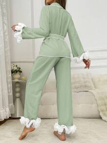 SHEIN Women's Elegant Contrast Color Ruffle Collar Belted Top And Pants Pajama Set, Spring/Autumn - Green - View 2