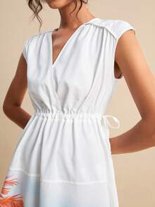 LOTSLUV Đầm dài in họa tiết cây dừa trên nền trắng dành cho nữ, cổ chữ V, không tay, cổ nhún, eo có dây rút, thích hợp cho kỳ nghỉ xuân/hè. - Nhiều màu - Xem 7