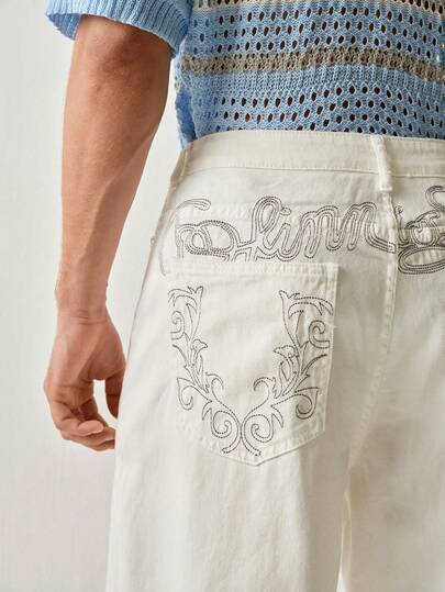 RONVEXI Thời trang đường phố tối giản, đa năng, thêu chữ, trang trí, lấy cảm hứng từ phong cách Bờ Tây, thường ngày, thiết kế độc đáo, quần jean ống thẳng, quần short nam, phong cách Y2K.